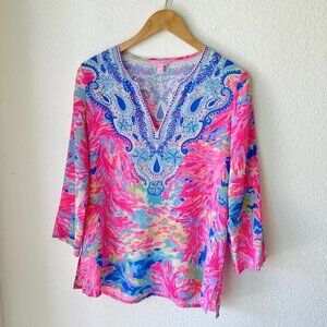 LILLY PULITZER Pink Abstract Renato Silk Blouse Size S